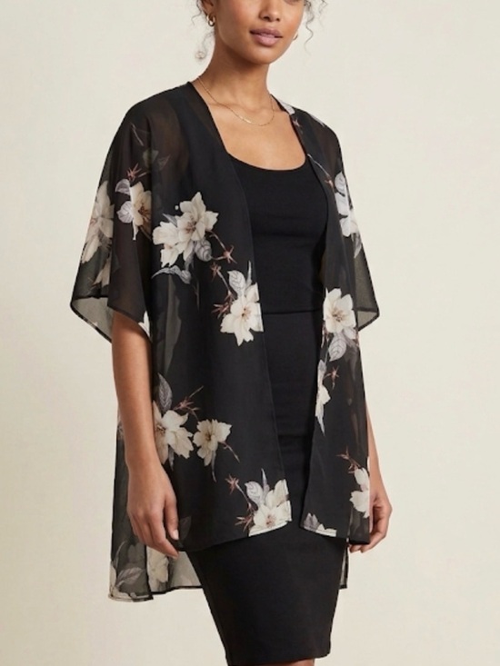 Other - NWOT Kimono, Beach coverup Sheer Floral Open Topper 0/S black floral,